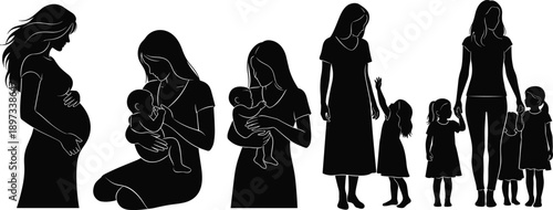 Black and white silhouette set showing stages of motherhood including pregnant woman holding baby and mother walking with little daughters vector illustration