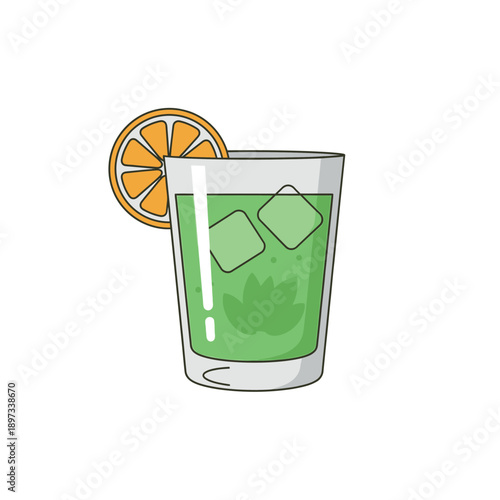 Vibrant vector illustration of a refreshing green beverage served in a glass with ice cubes and a bright orange slice, ideal for summer menus and drink promotions