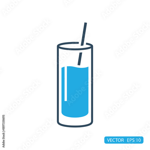 A simple icon of a tall glass filled with a blue liquid and a straw, isolated on a white background