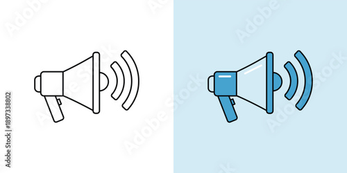 Simple megaphone icons in different styles and colors illustrating loud announcements in a split-screen comparison on neutral and blue backgrounds, viewed directly