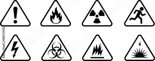 Black and White Safety Warning Sign Icon Set Including Biohazard Fire High Voltage Radioactive and Emergency Exit Symbols for Industrial Caution