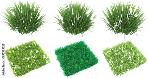 Set of realistic green grass bushes and turf patches isolated on white background, natural lawn vegetation elements for landscaping, gardening design, eco and nature concepts