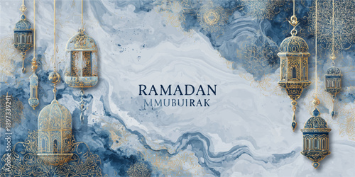 Elegant Ramadan Kareeem greeting card featuring golden Arabic calligraphy on a luxurious blue background with intricate patterns.