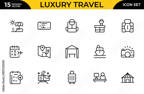 Luxury Travel and Holiday Essentials Line Icon Set – Professional Modern Minimal Outline Icons Collection Featuring Premium Getaway, Vacation and Tourism Symbols, Editable Vector Illustration