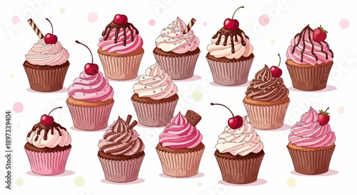 Set of Delicious Cupcakes with Frosting and Cherries