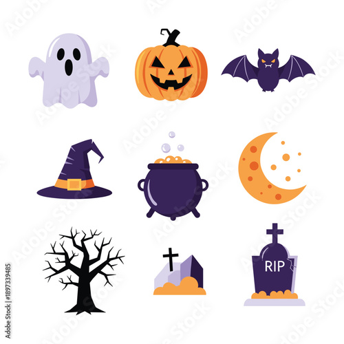 Halloween elements including ghost, pumpkin, and bat in a spooky illustration