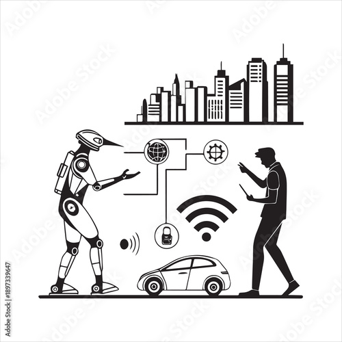 Futuristic technology silhouette collection robotics, human-AI interaction, cyborg, smart city elements, augmented reality overlay, tech devices, innovation vector icons for digital branding and