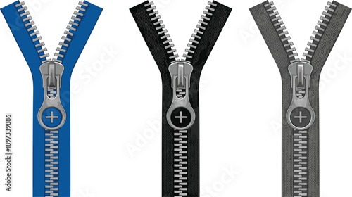 Set of Three Realistic Metal Zippers in Blue Black and Gray Colors Isolated on White Background for Sewing Tailoring Fashion and Clothing Design Accessories Vector
