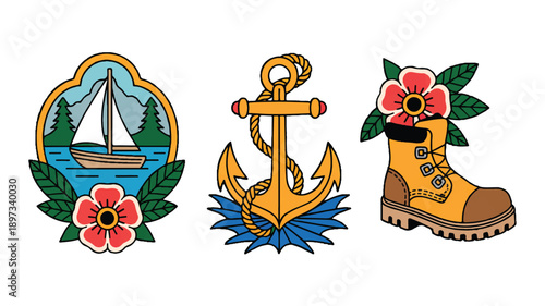 A traditional tattoo-style illustration featuring three separate designs arranged horizontally (2)_traced