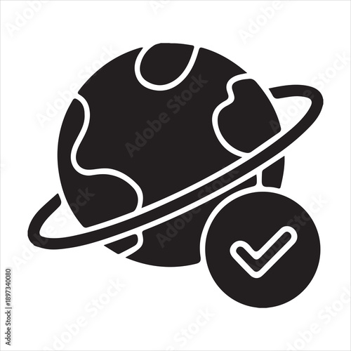 A black silhouette of planet earth with orbital rings and check mark icon overlay
