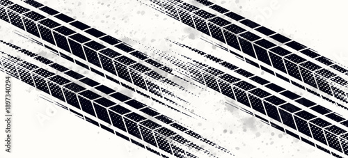 Auto tire tread grunge element. Car and motorcycle tire pattern, wheel tyre tread track. Black tyre print. Vector illustration isolated on white background.