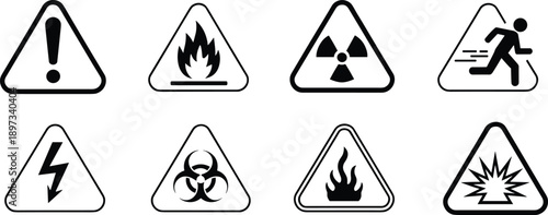 Professional Safety Warning Sign Icon Set Featuring Biohazard High Voltage Radioactive Fire and Emergency Exit Symbols for Industrial Hazard Protection