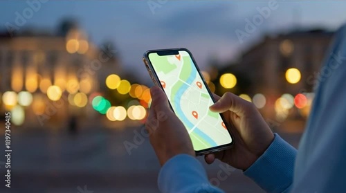 Person holding smartphone with map app, navigating urban streets at night. City lights blur in background, travel, discovery.