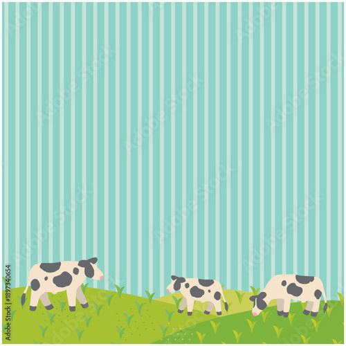 正方形のストライプの空と放牧された牛のイラスト背景