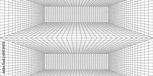 Mesh 3d room. Digital blank space with geometric perspective grid futuristic interior with abstract vector rendering