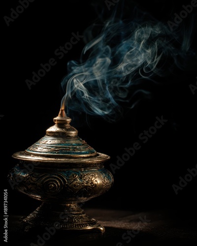 Smoke rising from an incense burner (Oud), moody dark background, sensory detail