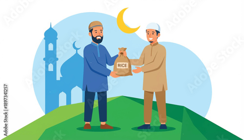 Muslim Men Giving Zakat Bag of Rice