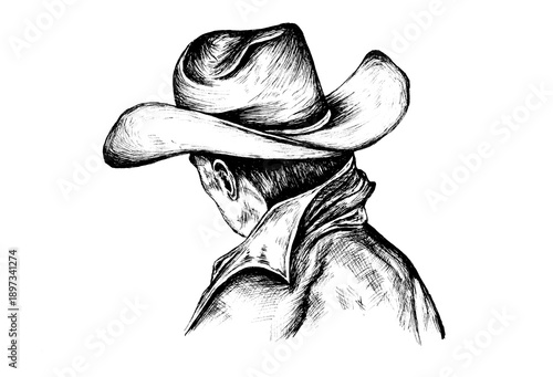 Vintage pen and ink hand-drawn illustration on paper with clear background of Cowboy with hat and jacket looking away into the country
