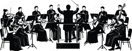 Silhouette of classical symphony orchestra with conductor and musicians performing on stage, black and white music illustration for concert, culture, performance and artistic design concepts