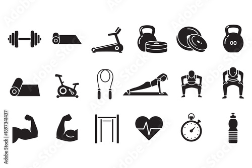 Gym and Fitness Icon Set - Black Flat Vector Icons for Workout, Bodybuilding, and Wellness