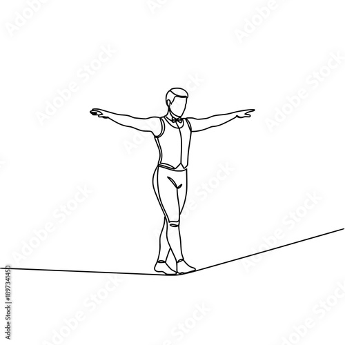 Continuous one line circus tightrope walker vector illustration isolated on white background