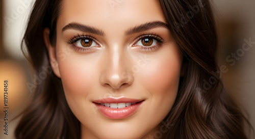 Beautiful woman with brown hair and eyes smiling warmly