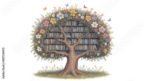 A whimsical illustration of a bookshelf tree with a thick brown trunk and branches (1)_traced