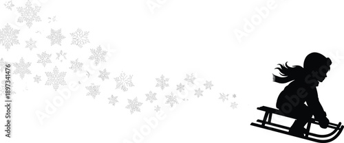 Child sledding silhouette in winter scene isolated on white background, flowing snowflakes, seasonal outdoor play, childhood joy, cold weather activity, minimalist illustration