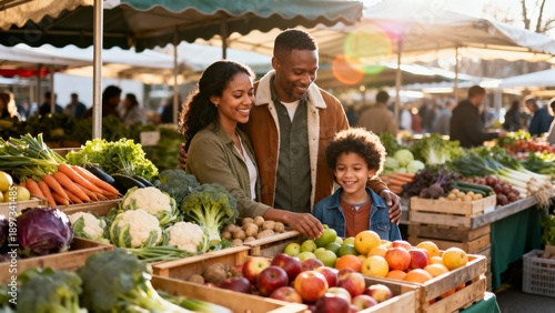 African American family shopping at outdoor farmers market, parents and young son choosing fresh apples and vegetables, warm morning light and healthy lifestyle vibe