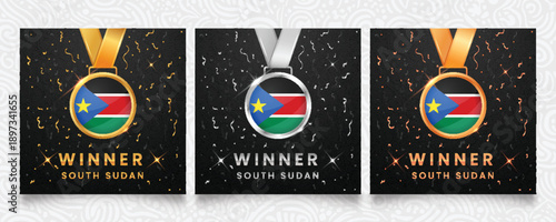 Celebrate South Sudanese victory with this premium set of gold, silver, and bronze medals featuring the national flag, displayed on a dark background with festive confetti and sparkles