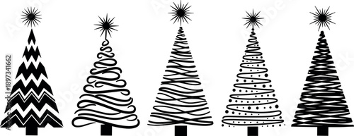 Collection of modern abstract Christmas tree illustrations with star toppers, black minimal line and silhouette style, isolated on white for holiday, festive and graphic design use