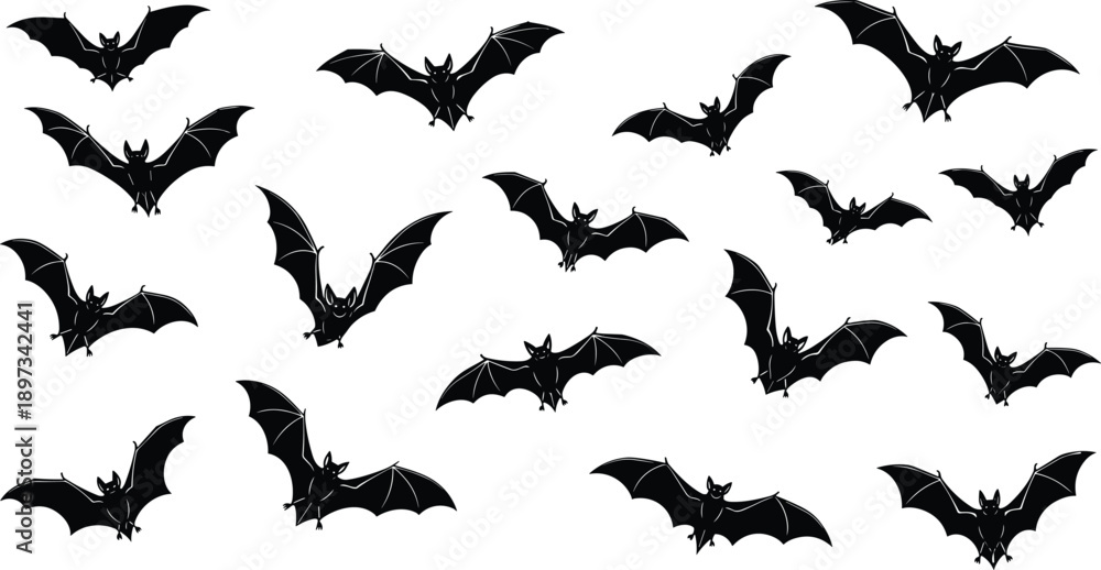 Fototapeta premium Collection of Flying Bat Silhouettes Featuring Spooky Nocturnal Vampire Bat Icons Isolated on White Background for Halloween Party Nature Wildlife Vector Design Elements Set