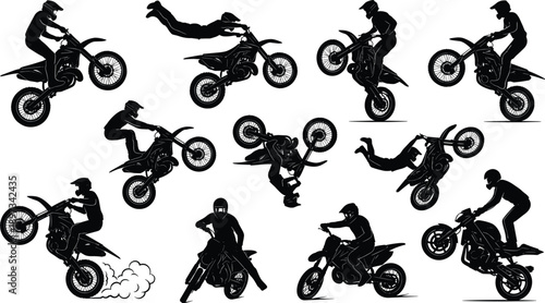 Silhouette collection of motocross riders performing extreme dirt bike stunts and jumps, freestyle motorcycle action poses isolated on white background, adrenaline sports concept illustration