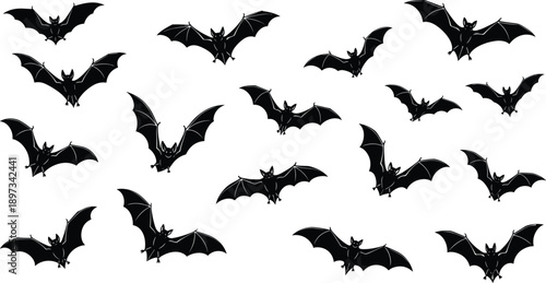 Collection of Flying Bat Silhouettes Featuring Spooky Nocturnal Vampire Bat Icons Isolated on White Background for Halloween Party Nature Wildlife Vector Design Elements Set