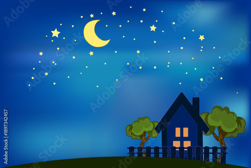 House under starry night sky. Peaceful night landscape, small house, trees and fence. Sky glows with moon and many stars. Lights are on in house windows, creating cozy and tranquil atmosphere. Vector