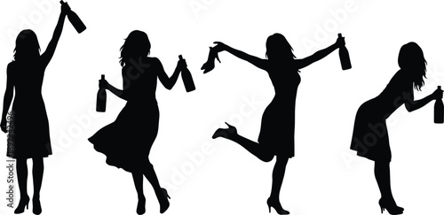 Silhouette collection of women celebrating and dancing with bottles in joyful party poses, isolated on white background, nightlife, celebration, fun and social lifestyle concept illustration