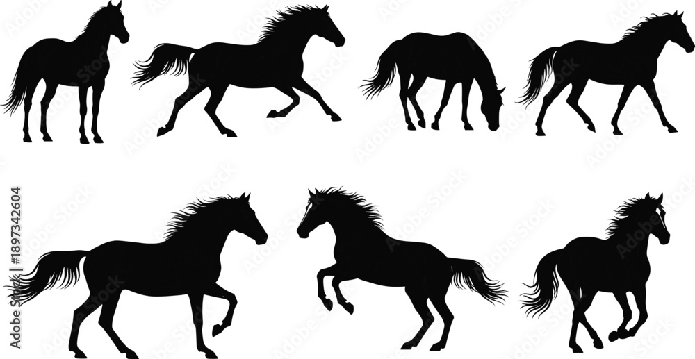 Fototapeta premium Collection of Horse Silhouettes Featuring Galloping Stallion and Wild Equine Mustang Icons Isolated on White Background for Equestrian Nature Wildlife Vector Design Elements Set