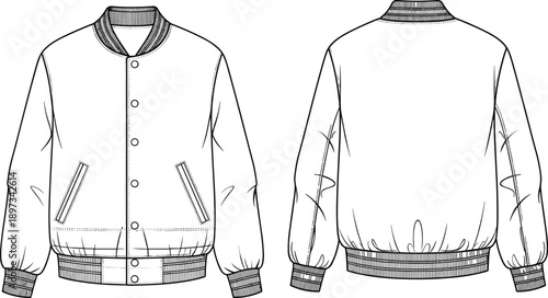 Technical line drawing of classic varsity bomber jacket with snap buttons front and back view isolated on white background for fashion design and apparel production reference