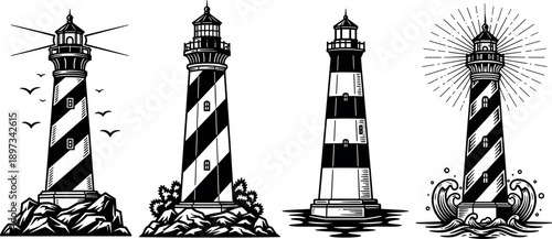 Collection of vintage lighthouse illustrations with striped towers, ocean waves and light beams, black line art style isolated on white for nautical, maritime and design use