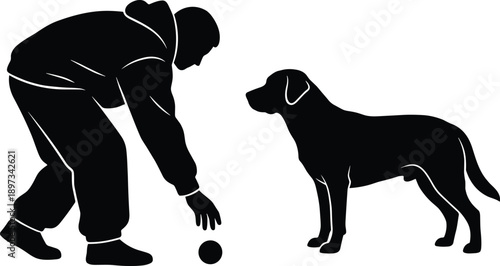 Silhouette illustration of a man playing fetch with a dog, representing pet care, companionship, animal training, friendship, outdoor activity, and human dog bonding concept