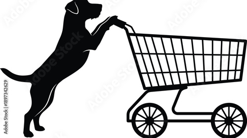 Silhouette illustration of a dog pushing a shopping cart, symbolizing consumer behavior, pet humor, creative advertising, retail concept, shopping addiction, and playful animal lifestyle idea