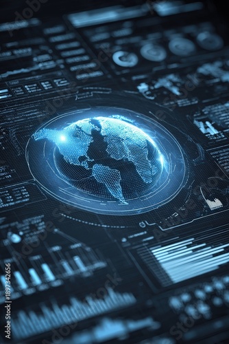 Digital Globe Earth Hologram with Data Charts in Futuristic Tech Style