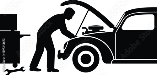 Silhouette illustration of a professional mechanic inspecting a car engine with open hood, representing automotive repair, vehicle maintenance, garage service, and technical workshop concept
