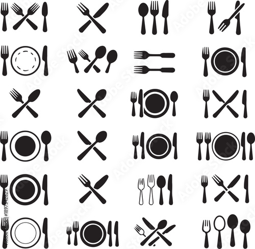 Black and white tableware icons including plates forks knives and spoons