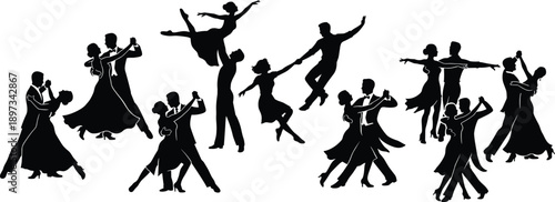 Silhouette illustration of ballroom dancers performing elegant partner dance poses, representing passion, movement, rhythm, romance, performance art, and professional dancing concept 