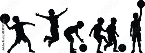 Silhouette illustration of children playing ball in different action poses, representing childhood joy, teamwork, physical activity, outdoor play, learning, and healthy lifestyle concept