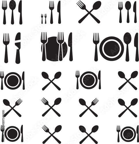 Black silhouettes of various table settings with plates and utensils