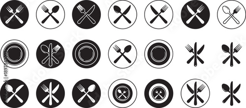 Black and white food symbols and icons for restaurant or menu design