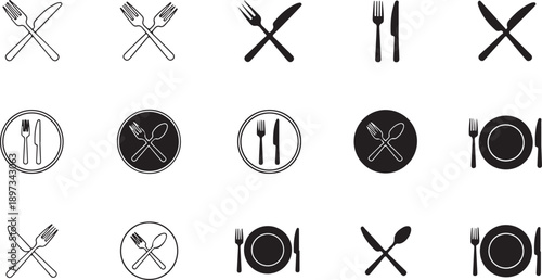 Black and white table setting icons with utensils and plates