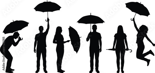 Silhouette illustration of people holding umbrellas in different poses, representing rainy weather, protection, lifestyle, urban life, emotions, and everyday activities concept in minimal flat style